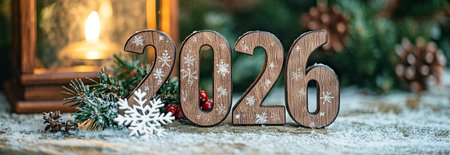 Festive wooden numbers 2026 surrounded by pine branches and decorations for a joyful holiday season...