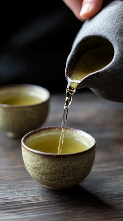 Traditional japanese tea ceremony with hands pouring green tea into cup. concept of cultural rituals, peaceful moments, and mindful living. Vertical.の写真素材
