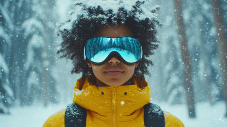 Smiling african american woman in winter goggles enjoying a vibrant outdoor adventure in snowy forest. concept of winter sports, nature exploration, and joyful cold weather experiences.のeditorial素材