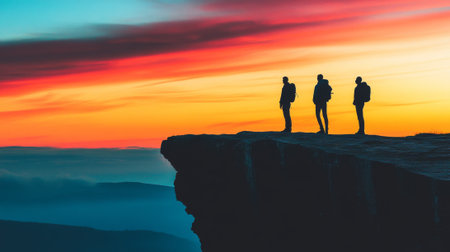 Three people standing on cliff, sunset silhouettes. concept of adventure, exploration, serenity,...