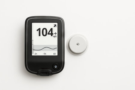 Portable glucose sensor displaying blood sugar level for health monitoring on white background. concept of diabetes care, medical device, blood sugar tracking, health technology, copy space.の写真素材