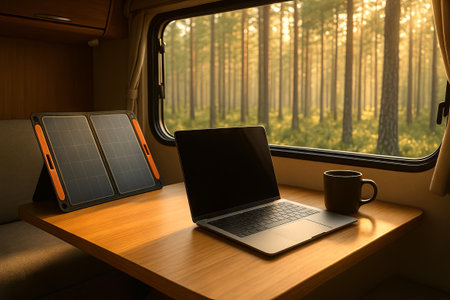 Cozy camper van workspace with laptop and coffee overlooking forest through window at sunset. concept of remote work, peaceful nature setting, minimalist lifestyle.の写真素材