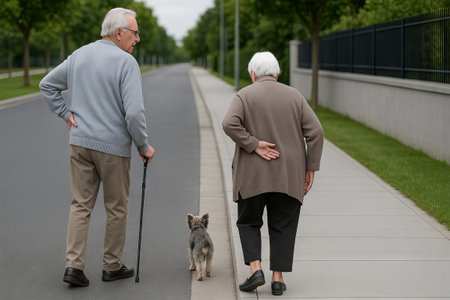 Elderly caucasian couple walking dog on suburban street for healthy lifestyle and bonding. concept of companionship, fitness for seniors, outdoor leisure.の写真素材