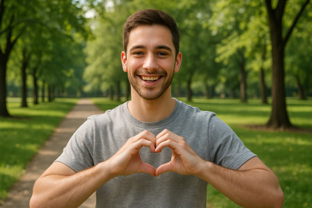Young caucasian man making heart gesture with hands in a sunny park. concept of love, happiness, positive energy, outdoor leisure, nature connection.のeditorial素材