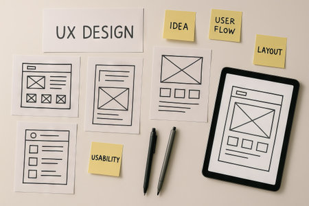 Top view of UX design process with wireframes, tablet, pens and sticky notes on desk. Concept of...