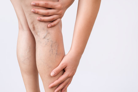 Varicose veins on woman s legs close-up with hands massaging discomfort area. concept of varicose...