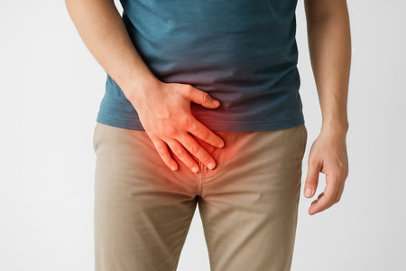 Man holding lower abdomen in pain with red highlighted area. urological problem, male pelvic pain, testicular discomfort, urinary tract infection, prostate issue, health concern, white background.の写真素材