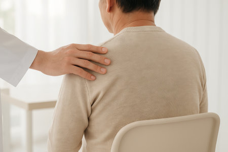 Doctor placing hand on male patient s shoulder in light clinic office. Concept of empathy in healthcare, emotional support, medical consultation, trust and communication in doctor patient relationship.の写真素材