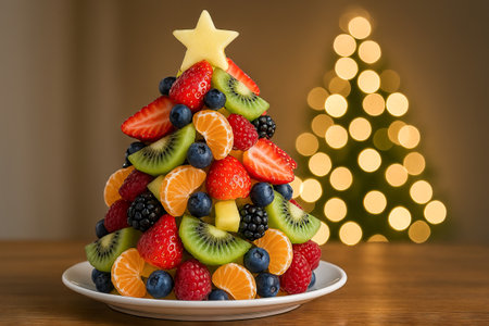 Creative Christmas tree made of fresh fruits including kiwi, berries, tangerines and pineapple star on top, served on plate with festive lights in background. Concept of holiday food, healthy dessert.の写真素材