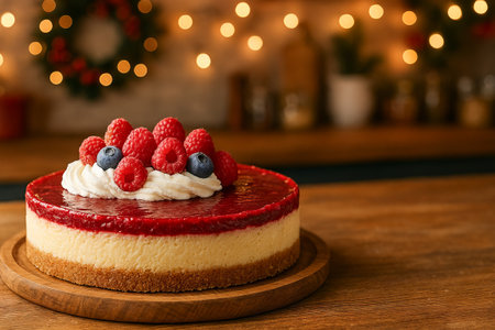 Christmas Raspberry cheesecake delight with fresh berries on wooden table. concept of delicious dessert, sweet indulgence, gourmet cake, festive treat, perfect for special occasions, copy space.の写真素材
