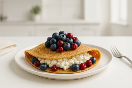 Oatmeal crepe delight with fresh berries and cottage cheese on elegant white plate in modern minimalist kitchen. concept of healthy breakfast, delicious brunch, gourmet cooking.の写真素材
