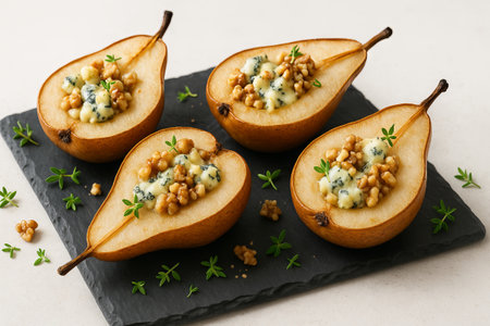 Gourmet pears with cheese and walnuts on slate platter. concept of exquisite appetizer, elegant dining, simple presentation, fine cuisine, culinary art, delicious flavors.の写真素材