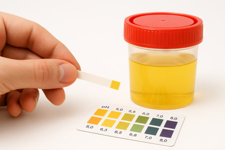 Urine ph testing with simple color chart for health monitoring and diagnosis. concept of health check, ph levels, diagnostic tool, medical testing, accurate results.の写真素材