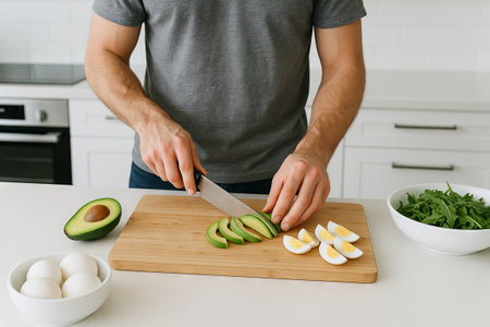 Caucasian man preparing healthy breakfast in modern kitchen with fresh avocado and eggs. concept of healthy eating, culinary skills, morning routine.のeditorial素材