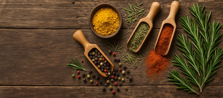 Spices and herbs flatlay on rustic wooden background with colorful pepper, rosemary, and ground turmeric for cooking inspiration and natural kitchen decor, Wide banner, copy space.の写真素材