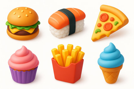 Colorful 3d cartoon fast food icons set featuring burger, sushi, pizza, cupcake, fries, and ice cream cone for fun digital designs, white background.の写真素材