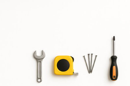 Essential home repair tools including wrench, tape measure, nails, and screwdriver for simple maintenance and diy projects, white background, copy space.の写真素材