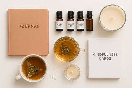 Stress relief essentials featuring journal, essential oils, and mindfulness cards for relaxation and mental clarity concept of calmness and self-care practice, white background.の写真素材