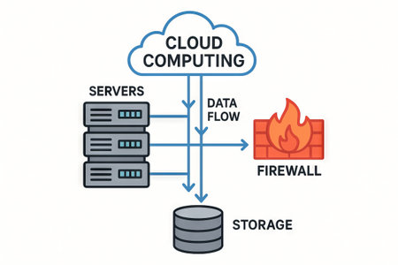 Simplified cloud computing diagram with servers, firewall, and data flow arrows for technological infrastructure understanding, white background.の写真素材
