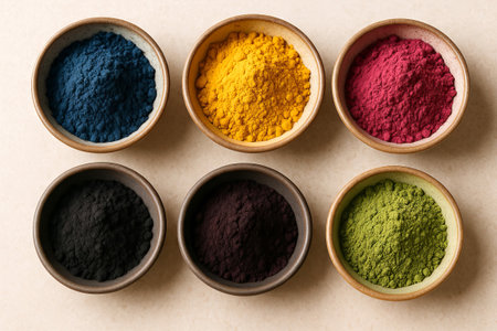 Natural dye powders in ceramic bowls featuring vibrant colors for artistic crafting and eco-friendly textile dyeing projects.の写真素材