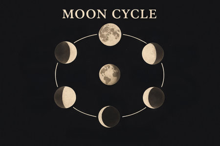 Lunar phases diagram illustrating moon cycle journey through six distinct phases in simple illustrated format for educational insight and astronomy enthusiasts, black background.の写真素材