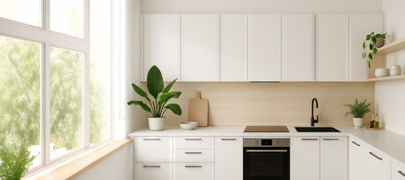 Modern kitchen elegance with minimalist design and natural light featuring white cabinets and green plants, Wide banner.の写真素材