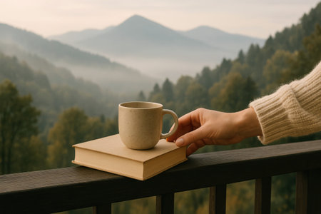 Morning coffee with a serene view of misty mountains and forests, concept of relaxation, scenic beauty, peaceful morning routine.の写真素材