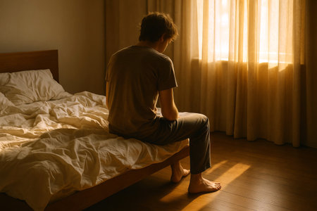 Contemplative caucasian man sitting on bed in sunlit room during morning reflection. concept of solitude, introspection, peaceful moment, calm atmosphere.の写真素材