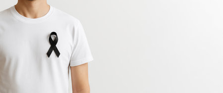 Black awareness ribbon on man white t-shirt. solidarity, support, symbolism in social advocacy,...