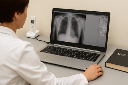 Caucasian woman doctor analyzing x-ray on laptop screen in medical office. concept of healthcare...