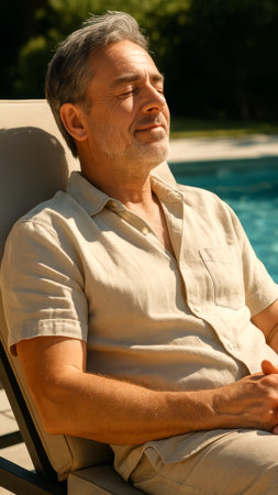 Caucasian man relaxing by the poolside under the sun in a blissful moment of reflection. concept of tranquility, leisure relaxation, summertime serenity, vacation, vertical.の写真素材