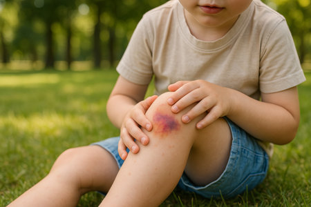 Young caucasian boy with bruise on knee sitting in a summer park. concept of childhood injuries, outdoor play, tender care.の写真素材