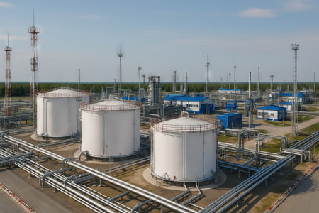 Modern oil depot with large storage tanks and industrial pipelines under a clear sky. concept of...