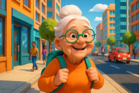 Joyful senior woman strolling in vibrant city street with bright orange outfit and green backpack. concept of happiness, urban exploration, active aging, lively lifestyle.の写真素材