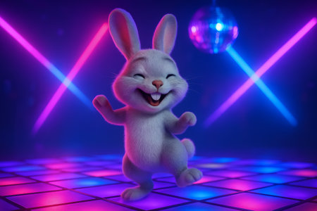Dancing bunny on disco party floor with colorful lights and disco ball. concept of joyful celebration, energetic movement, cute animal fun, festive atmosphere, rabbit.の写真素材