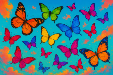 Colorful butterflies in a summer sky with vibrant clouds and blue background. concept of nature's...
