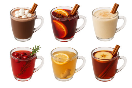 Png set of cozy winter drinks with cinnamon, marshmallows, and fruit slices isolated on transparent background. concept of warm beverages, festive holiday drinks, clip art for design.の写真素材