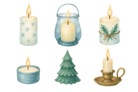 Png set of winter Christmas candles and holders with greenery and snowflake designs isolated on transparent background. concept of cozy decor, holiday ambiance, winter watercolor illustration.の写真素材