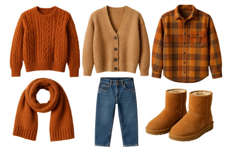 Png set of autumn clothing featuring cozy sweaters, cardigans, flannel shirts, jeans, boots, scarf isolated on transparent background. concept of fall fashion attire, seasonal wardrobe collection.の写真素材