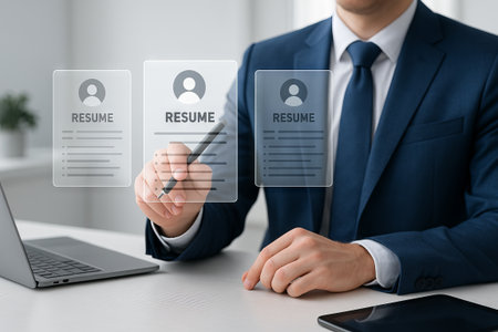 Businessman analyzing digital resumes on virtual interface using laptop and stylus. Concept of HR technology, online recruitment, candidate selection, modern hiring process, job application review.のeditorial素材