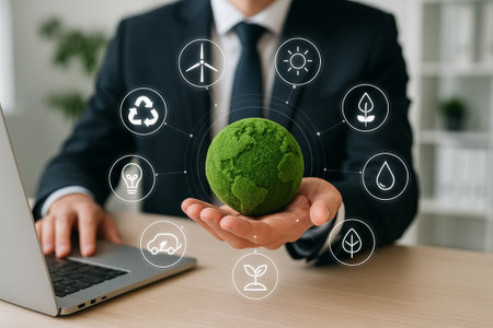 Businessman holding green globe with sustainability icons in modern office. Concept of eco friendly...