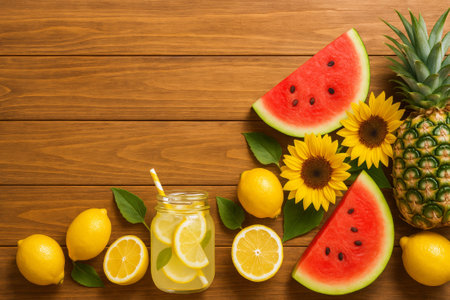 Tropical summer refreshment background with pineapple, watermelon, lemons, and juice flat lay on wooden table. concept of fresh fruits, summer vibes, healthy drinks, refreshing delight, copy space.の写真素材