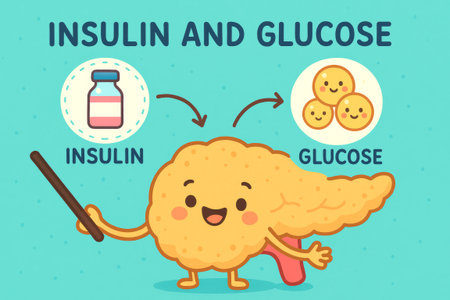 Cute cartoon pancreas character explaining insulin and glucose with smiling faces. Concept of diabetes education, hormone function, blood sugar regulation, child-friendly medical infographic.の写真素材