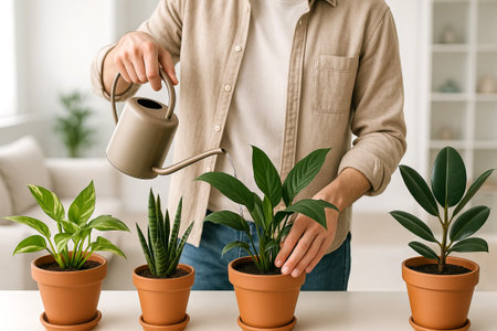 Caucasian man watering indoor plants in modern home environment. concept of plant care, green living, sustainable lifestyle, home gardening, nurturing nature.のeditorial素材
