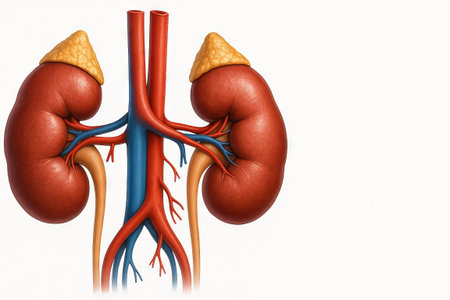 Detailed illustration of human kidneys and adrenal glands highlighting renal anatomy. concept of medical education, biological study, human anatomy, healthcare learning, copy space, white background.の写真素材