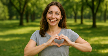 Smiling caucasian woman making heart shape with hands in park on a sunny day. concept of love, happiness, nature enjoyment, outdoor relaxation, positive emotion, Wide banner.のeditorial素材