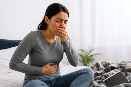 Young woman sitting on bed holding stomach and covering mouth in nausea at home. Concept of food poisoning, stomach flu, digestive illness, abdominal discomfort, viral infection symptoms.のeditorial素材