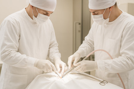 Two surgeons performing surgical procedure in sterile operating room with focus on incision area. Concept of hospital surgery, professional medical care, invasive treatment, operating team.の写真素材