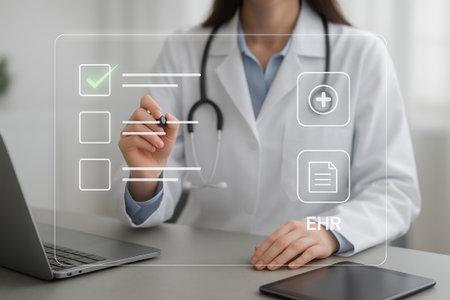 Young Caucasian female doctor reviewing electronic health records on a modern digital interface. Concept of healthcare technology, patient management, medical professionalismの写真素材