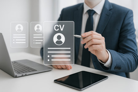 Professional man reviewing digital CVs on laptop and tablet using pen in modern office. Concept of recruitment process, job applications, career development, technology useのeditorial素材